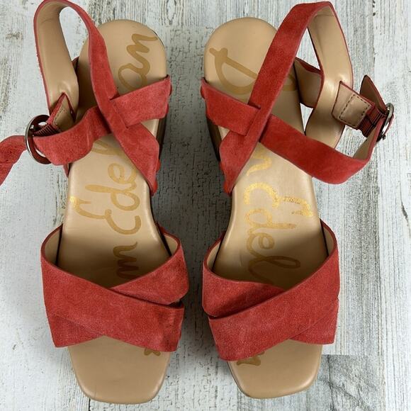 Sam Edelman Josefine Women’s 6.5 Coral Suede Strappy Sandals Wood Heel NEW - Picture 2 of 11